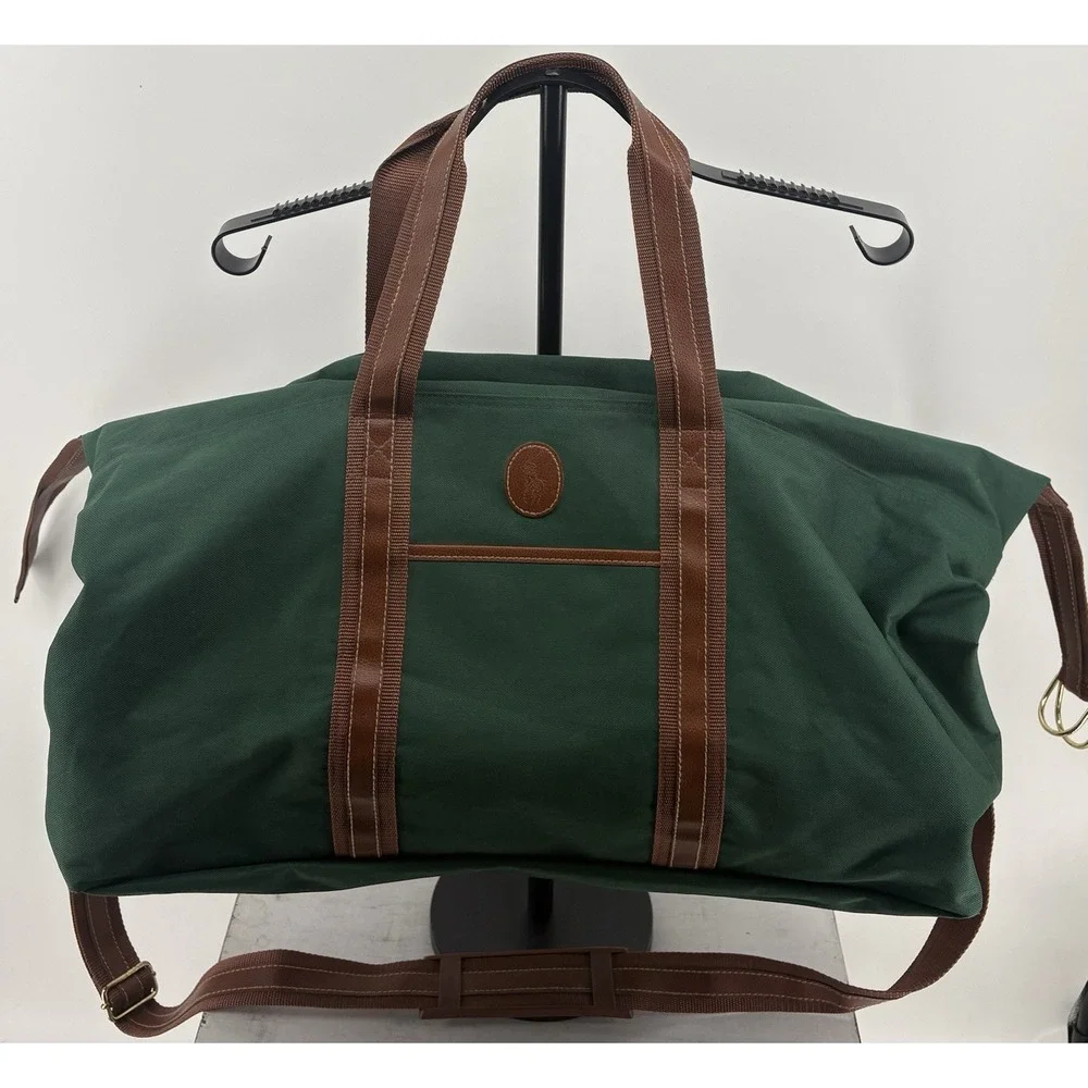 VTG Ralph Lauren Green Duffle Bag Fragrance Weekender Brown Trim Extra Large 30